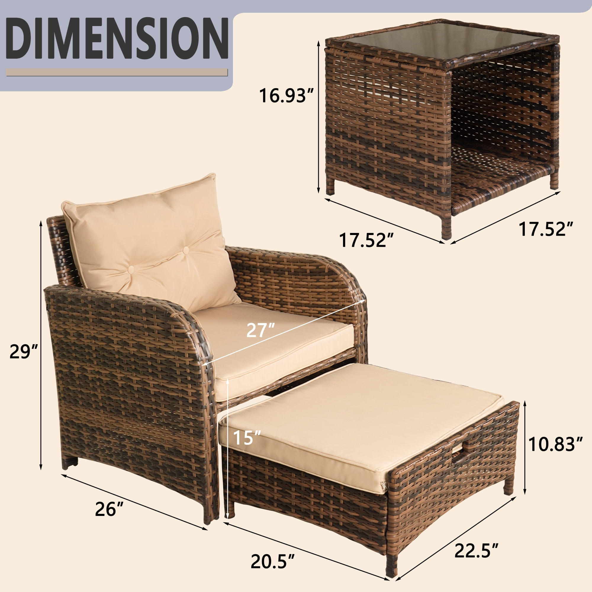 5 Pieces Wicker Outdoor Patio Chairs Set with Ottoman Underneath, Outdoor Chair Set with Ottoman and Table, PE Rattan Patio Conversation Furniture Set with Footrest, Beige