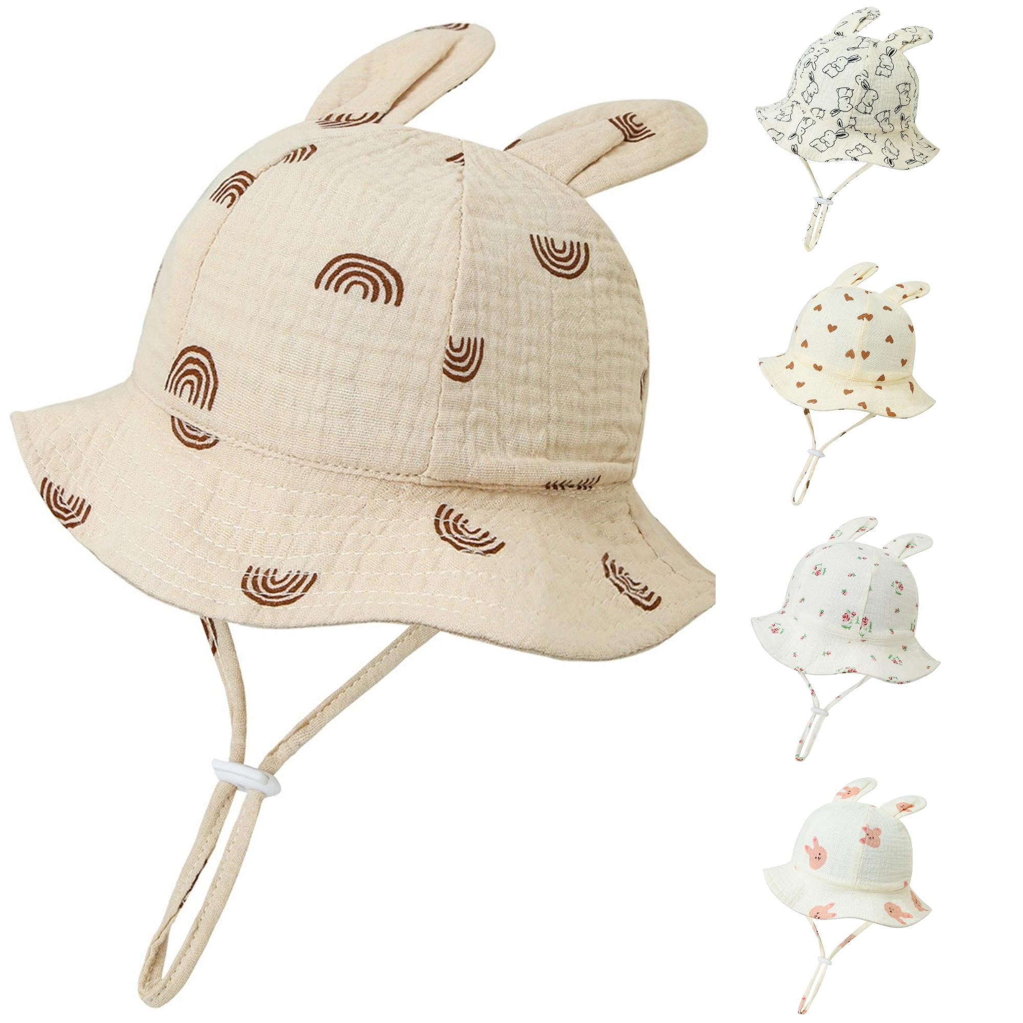 Xijirk Baby Sun Hat with Bunny-Ears Cottagecore Print Crinkle Muslin Fabric Adjustable Chin Strap Toddler Bucket Cap for Casual Daily Wear