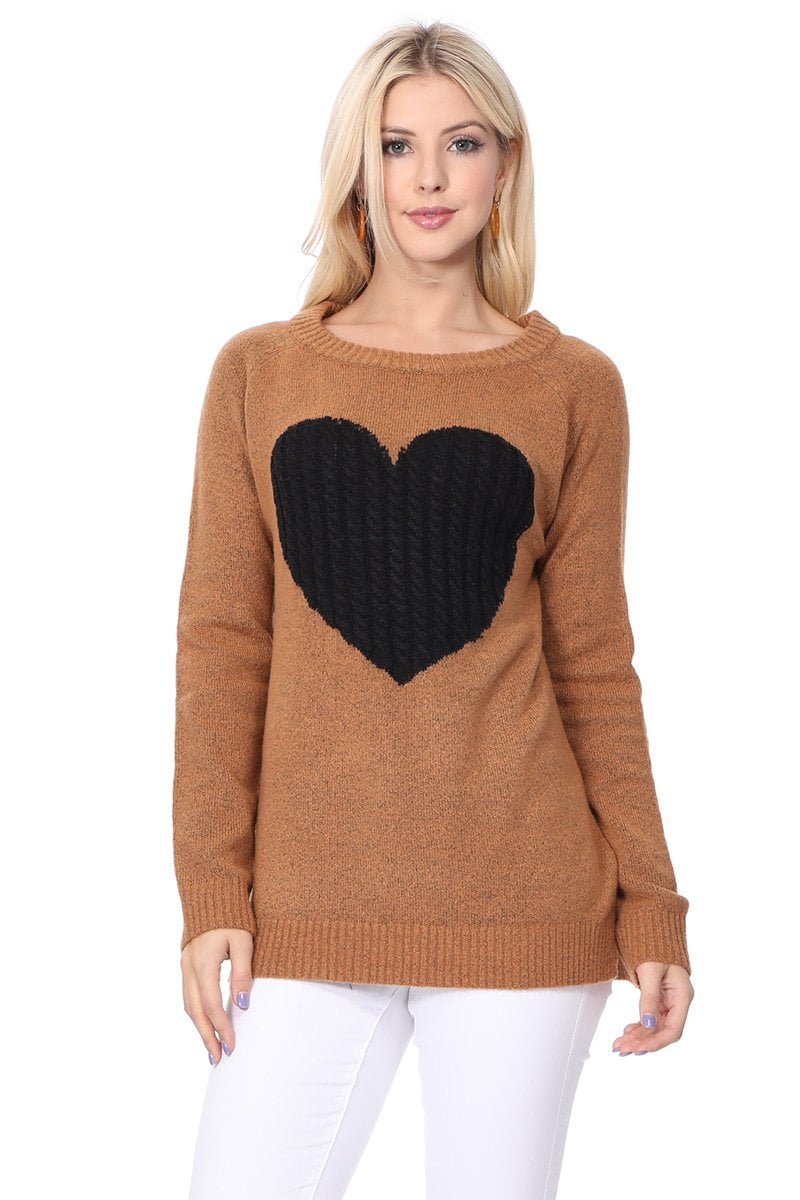 YEMAK Women's Pullover Sweater Long Sleeve Crewneck Heart Knitted Top ...