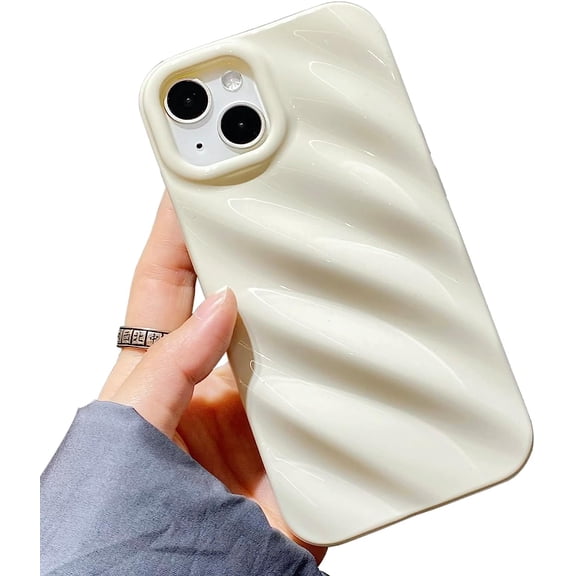 Cute Curly Wave Case for iPhone 15 6.1 inches, Water Ripple Phone Case Slim Shockproof Satin Glossy Cover for Girls Boys Silicone 3D Non-Slip Case-Beige