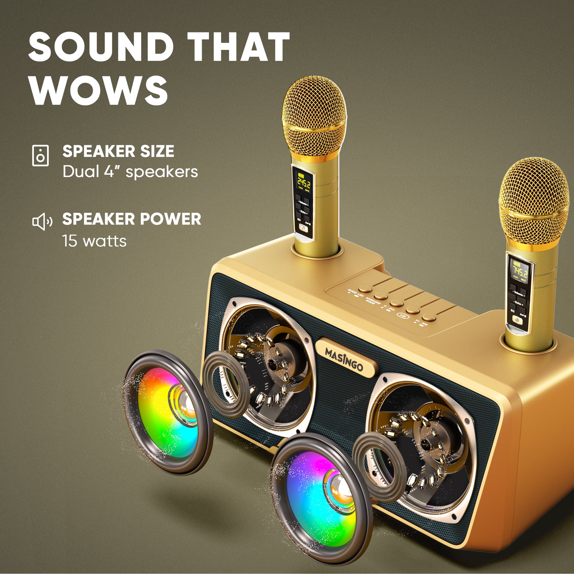 MASINGO Karaoke Machine for Adults and Kids with 2 Wireless Microphones, Portable Bluetooth Singing Speaker, Colorful LED Lights, PA System, Lyrics Display Holder & TV Cable - Presto G2 (Gold)