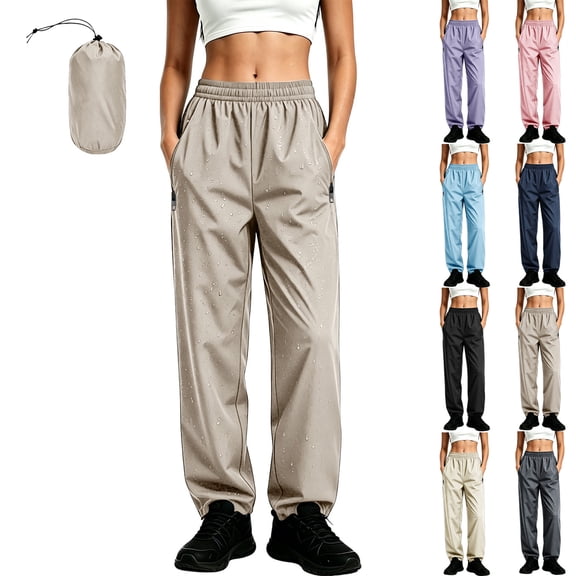 APEXFWDT Women's Packable Rain Pants Lightweight Nylon Waterproof Hiking Fishing Pants Elastic Waist Casual Pant for Outdoor,L,Beige