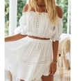 thumbnail image 4 of 2 Piece Off Shoulder Skirt Set Lantern Sleeve Stretchy Frill Trim Tank Top Mini Skirt for Beach Summer White XL, 4 of 6