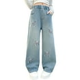 thumbnail image 1 of Girls' Fleece Lined Wide Leg Jeans With Butterfly Embroidery Soft Denim Pants, 1 of 8