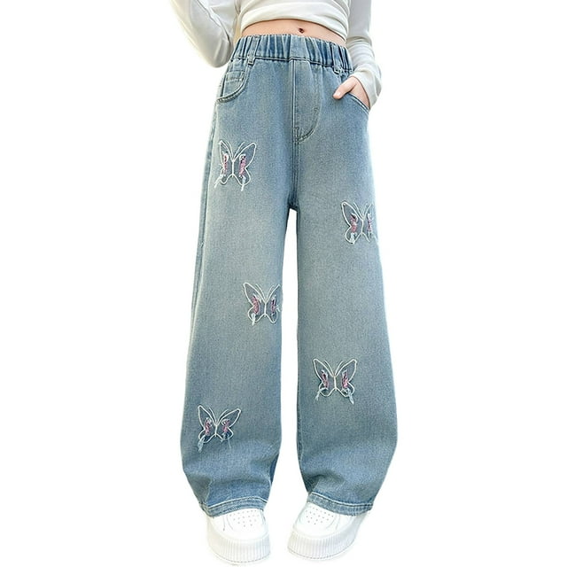 Girls' Fleece Lined Wide Leg Jeans With Butterfly Embroidery Soft Denim Pants