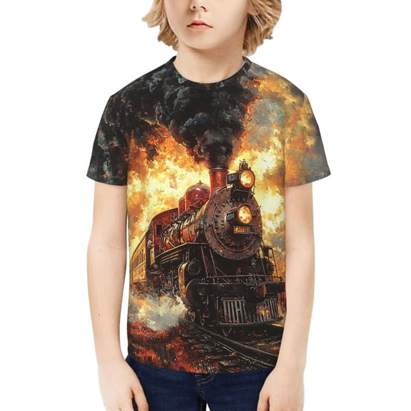 Boys Girls T Shirts Short Sleeves 3D Summer Kids Tee Tops, Retro Steam Train Vintage