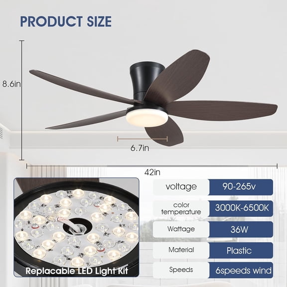 42 Inch Low  Ceiling Fan with Light and Remote APP Control,  Reversible LED Dimmable Modern Flush Mount for Bedroom  Brown