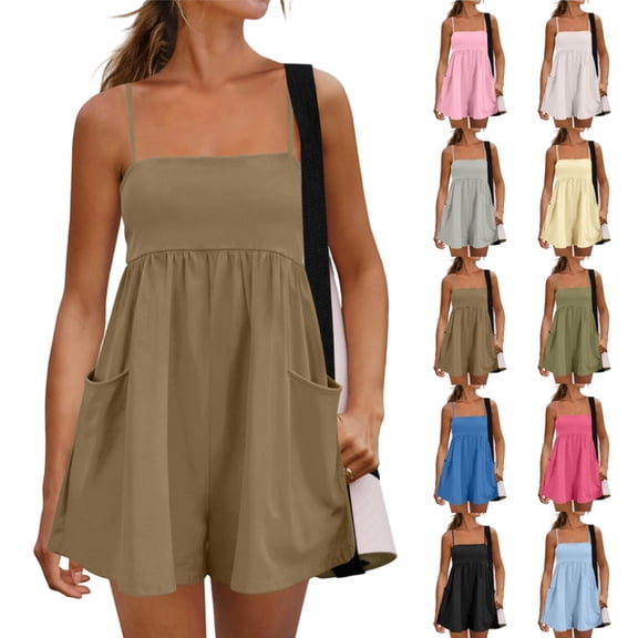 HKYNLAG Womens Summer Casual Sleeveless Rompers Vacation Beach Spaghetti Short Strap Jumpsuits Solid Causal Cotton Comfy Romper with Pockets Army Green 2XL