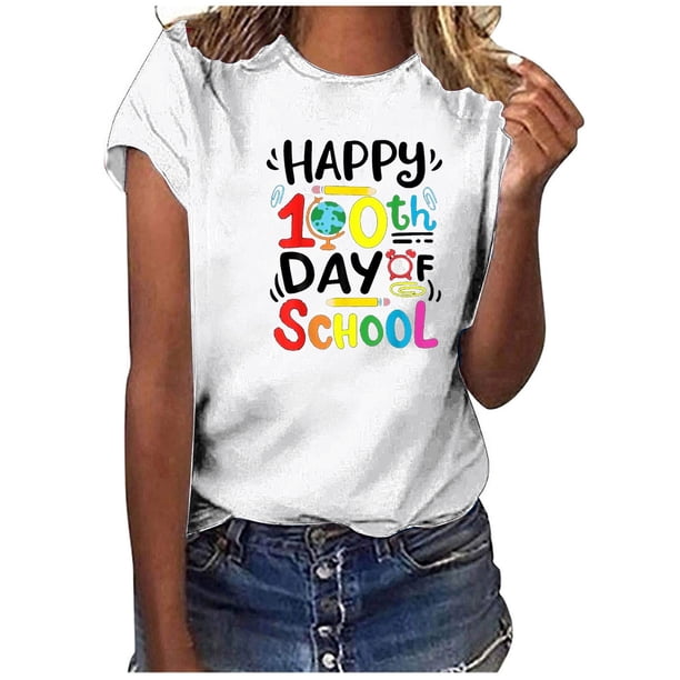 Camiseta de Profesor de Mujeres, 100 Días Feliz de la Escuela Imprimir Carta de Manga Corta para el Uso Casual Y de Fiesta, la Enseñanza Tee de Moda Temática