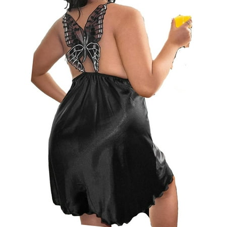 

Sexy Butterfly Spaghetti Strap Slip Dress Black Sleeveless Plus Size Nightgowns & Sleepshirts