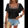 thumbnail image 3 of Camisas Mexicanas para Mujer, Estilo Bohemio, Bordadas, de Corta con Mariposa y Cuello Cuadrado, Blusas Holgadas. Negro L, 3 of 10