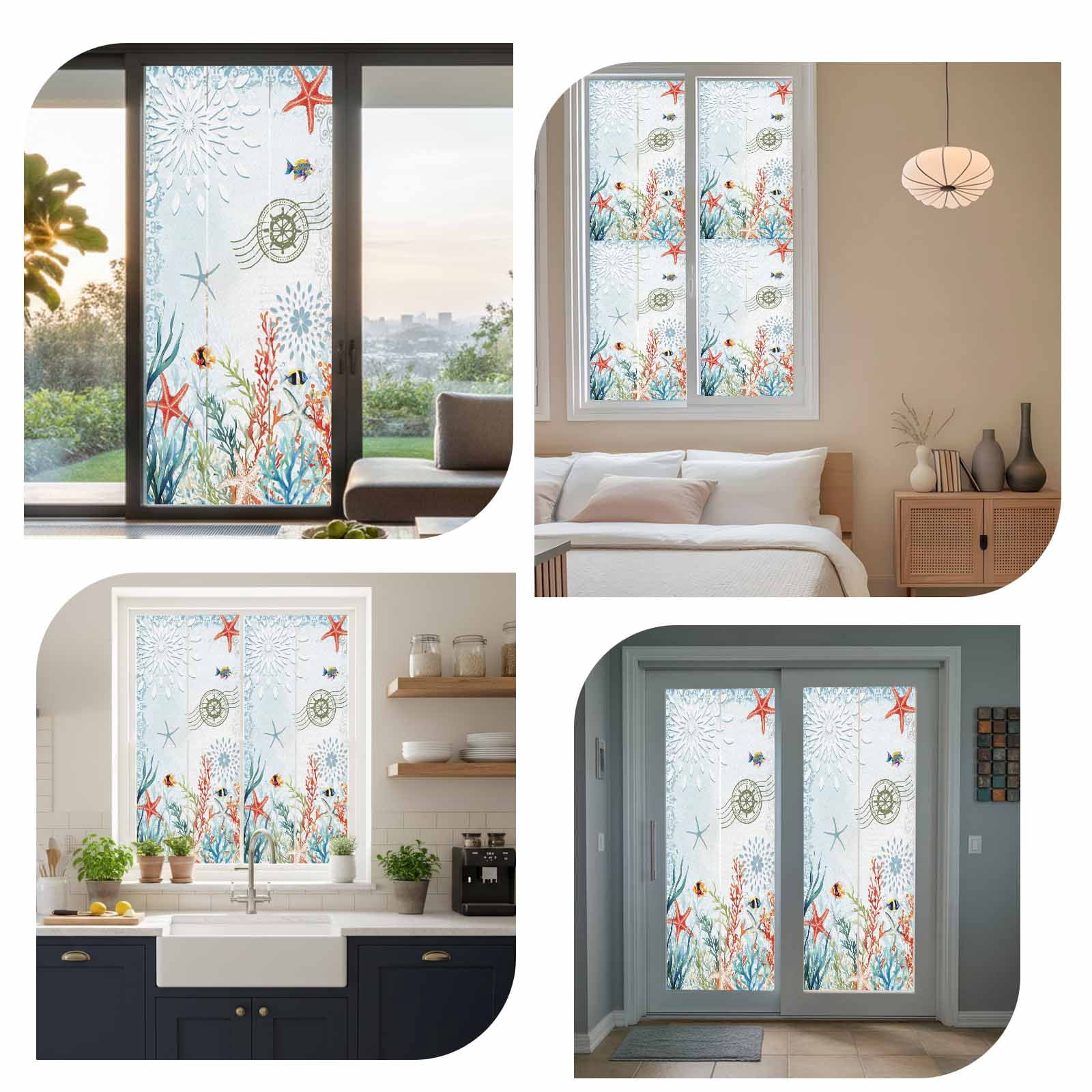 Coastal Blue Window Privacy Film, Ocean Coral Starfish Shell Nautical Seagrass Static Cling UV Sun Blocking Heat Control Window Tint, Non-Adhesive One Way Windows Privacy Cover 23.6''x59''