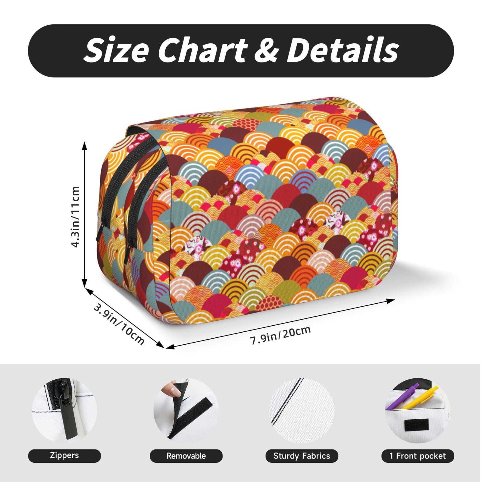 Rateoe Japanese Style Fish Scales Pattern Double Clamshell Pen Case, Storage Organizer with Two Zipper Compartments– Holds Up to 50 Pencils & Pens