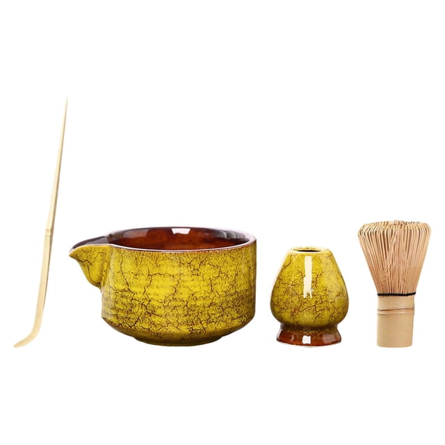 4x Bambú Matcha Watch Matcha Bowl Tea Té que prepara utensilios Cuchara de matcha tradicional japonesa para amantes del té Juego de té hecho a mano Amarillo