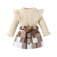 thumbnail image 1 of MEZZALL Infants Girl Fall Winter Clothes Solid Color Long Sleeve Ribbed T-Shirt Tshirts Knit Tops Plaid Button Mini Skirts Set Outfits Breathable Dailywear, Grey, 18-24 Months, 1 of 7