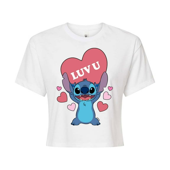 Lilo & Stitch - Valentine's Day Stitch Luv U Heart - Juniors Cropped Cotton Blend T-Shirt