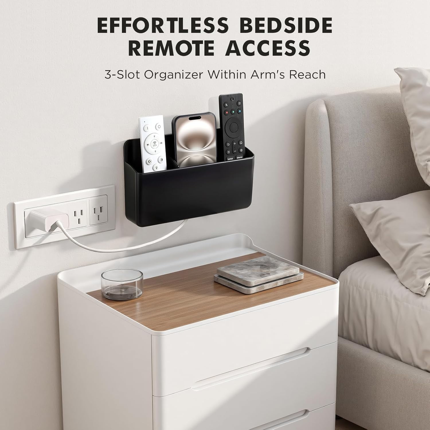 Adjustable 3-Slot Remote Control Holder Wall Mount, Self Adhesive Black Plastic Bedside Remote Caddy Box for Bed, TV Controller Holder for Table, Marker Holder, Pencil Cup