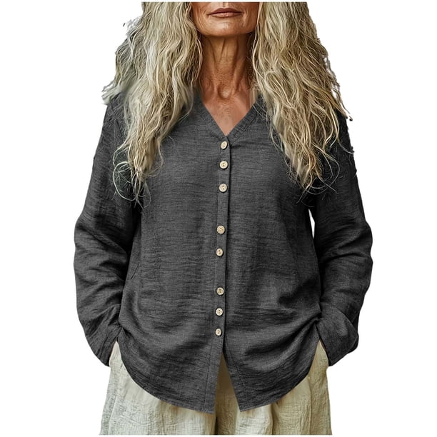 Camisas de Cuello de la Tripulación de Manga Corta para Mujeres Botón de Cuello en V Delantero de Manga Larga Mezcla de Ropa de Cama Abierta Casual Top, Camisas de Cuello de la Tripulación de Manga L