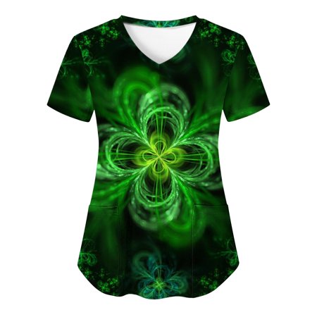 

Women Scrubs Top Nurses Clothing Workwear Working Uniform T-Shirt V-Neck Casual Leaf Printed Short Sleeve Leisure Pocket Loose Caring Workwear