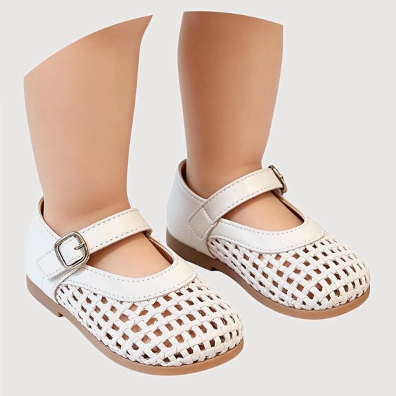 Gyujnb Toddler Girls Breathable Woven Mary Jane Shoes with Adjustable Buckle, Flat Heel Casual Footwear for Summer Wear (Girls),8-8.5 Years