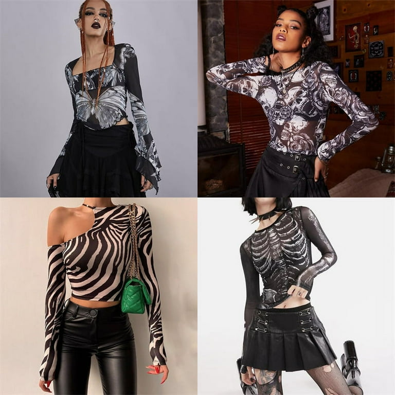 YCNYCHCHY 2023 Fairy Grunge Shirt Basic Mesh Print Top Women YCNYCHCHY 2023 Fairy Grunge Shirt Basic Mesh Print Top Women
