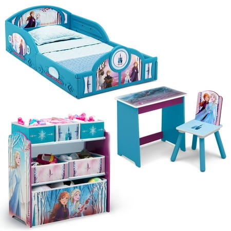 Disney Frozen 4-Piece Room-in-a-Box Bedroom Set by Delta Children - Includes Sleep & Play Toddler Bed, 6 Bin Design & Store Toy Organizer and Art Desk with Chair