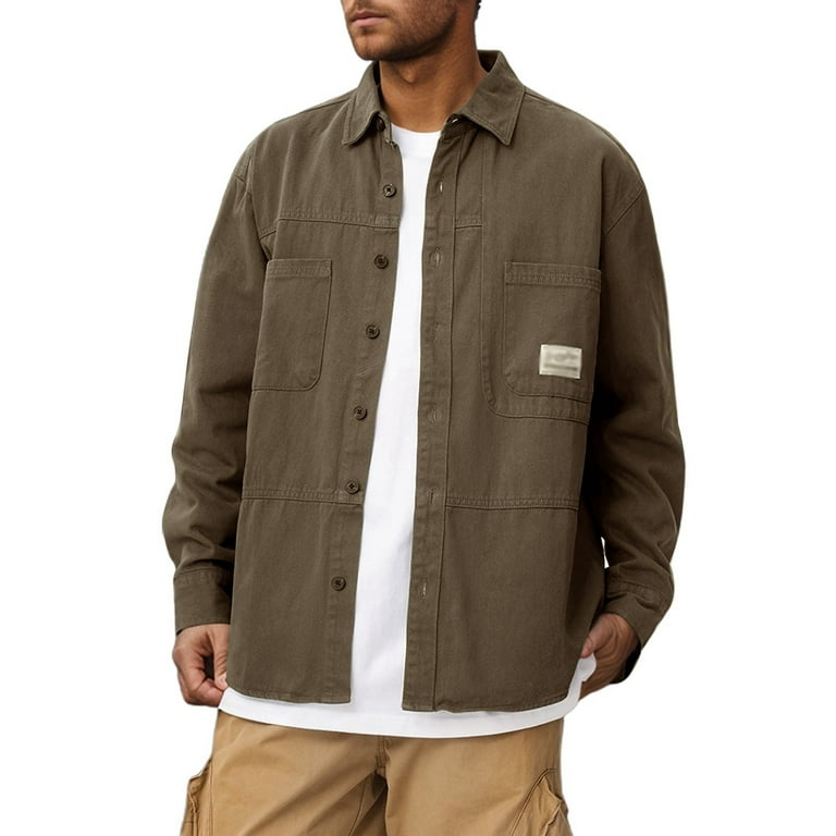 Mens Shirts,Long Sleeve Work Jacket Shirt Style Design Loose Fit