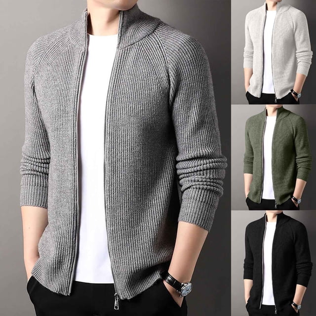 LOVZFMLL Men's Sweaters, Solid Color V-Neck Ribbed Cardigan, Casual Mandarin Collar Zipper Outerwear Jacket, Warm Winter Tops, Fall Clothes