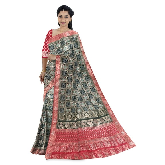 Ta la hi Collections Women's Dola Silk Saree with Red Border, Indian Traditional Meenakari Weaving Saree for Women with Running Blouse