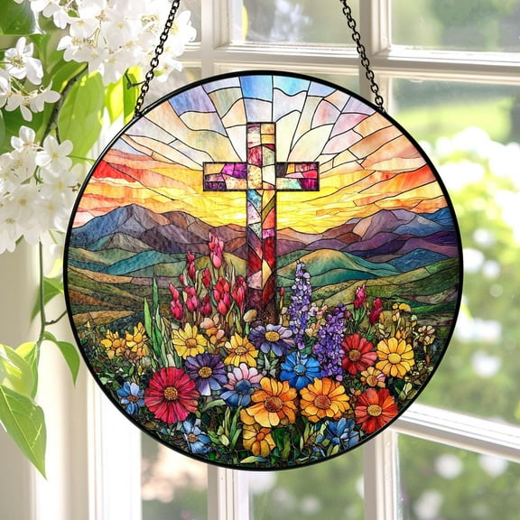 Stained Glass Cross and Wildflowers Suncatcher, Faith Window Home Decor