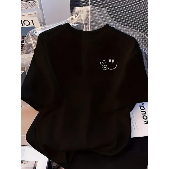 Boy'S Casual Short Sleeve T-Shirt - Black & White Simple , Soft & Comfortable, "Happy Face" Graphic Design, Perfect for Spring & Summer, Casual Attire