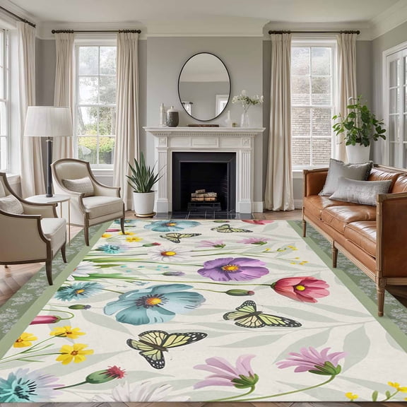 5'x8' Area Rugs, Spring Flowers Indoor Outdoor Area Rug for Living Room Bedroom, Retro Boho Botanical Florals Butterfly Washable Bathroom Rugs Kitchen Floor Carpet Mats Home Decor Aesthetic