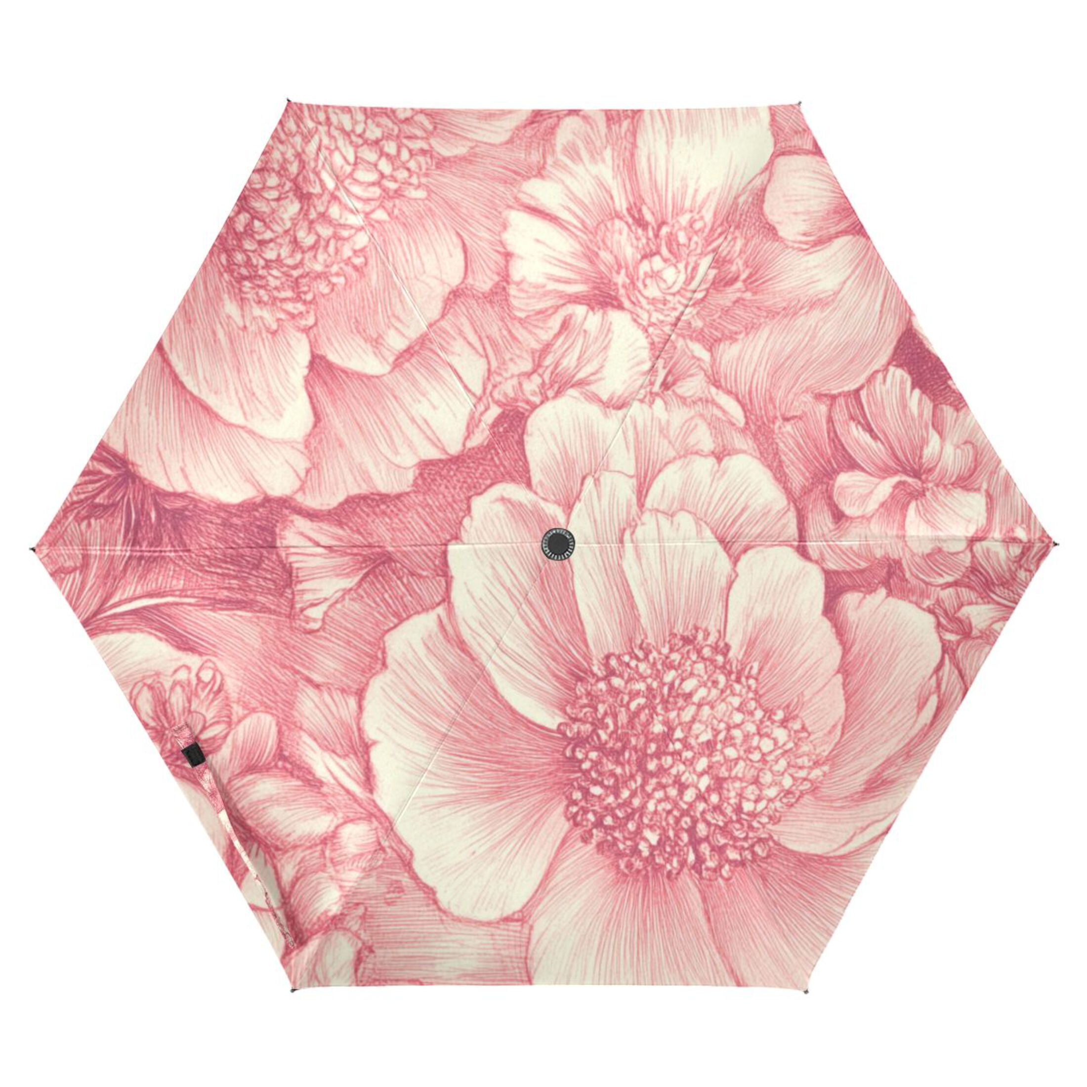 Pink Peonies Elegant All Weather Umbrella Triple Folding Parasol 6 Ribs UV Protection Portable