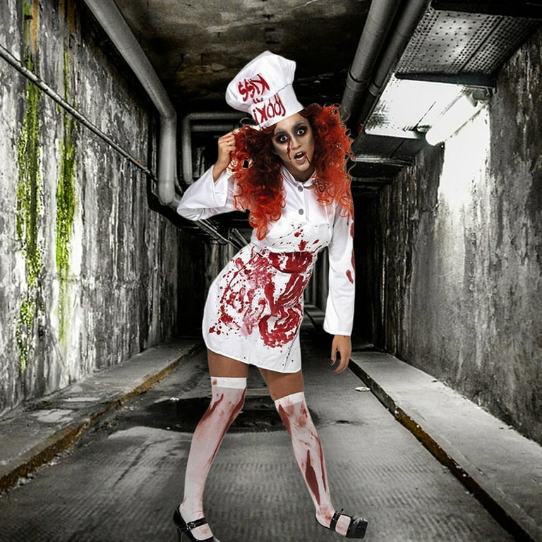 Halloween Scary Clothes Women Cosplay Costume, Bloody Chef Long Sleeve Mini  Dress Apron Hat Stockings - Walmart.com
