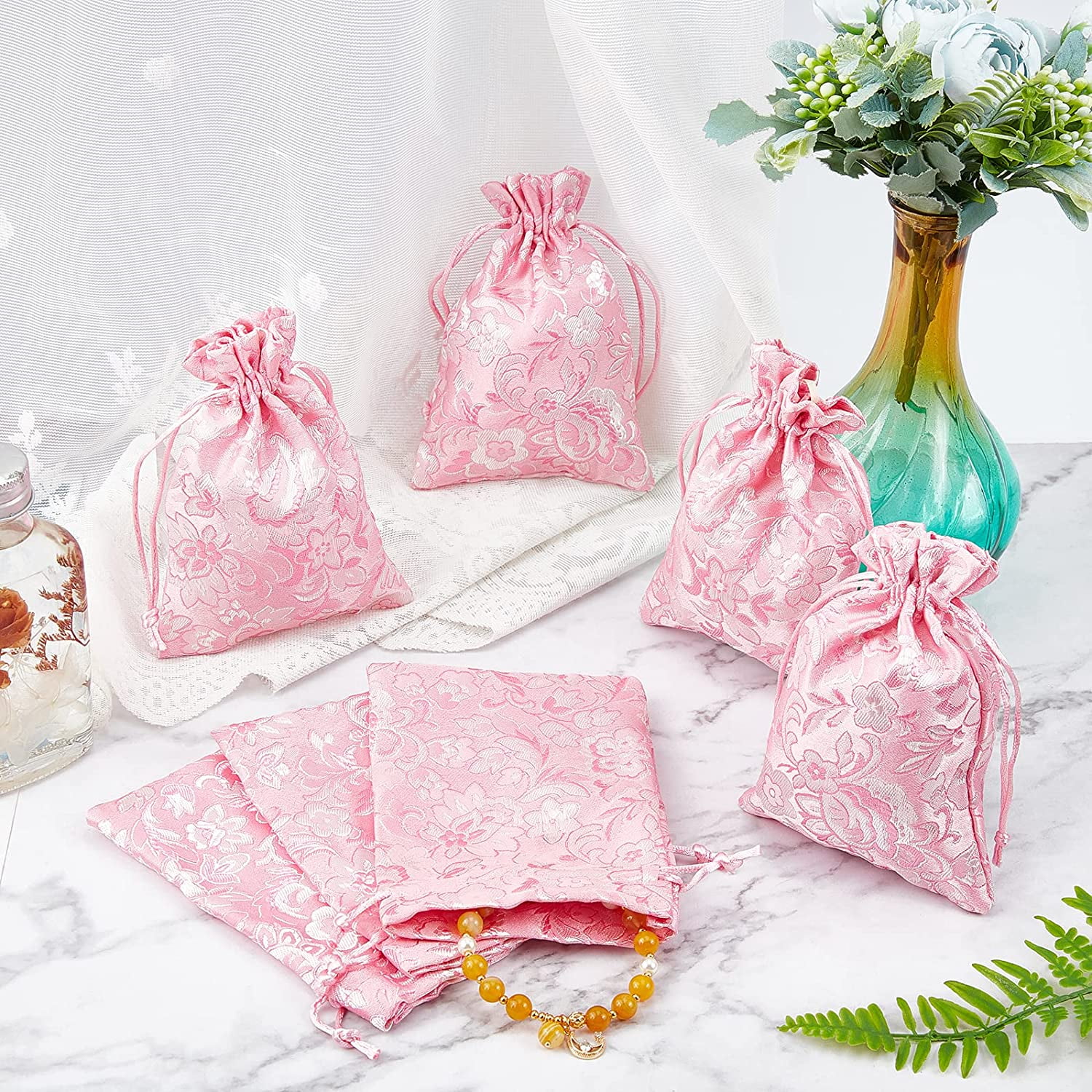 20 Pcs Pink Silk Brocade Jewelry Pouches 5.5 4.3 Flower Embroidered Bags with Drawstrings Chinese Silk Pouches Wrapping Bags Drawstring Purse Bag