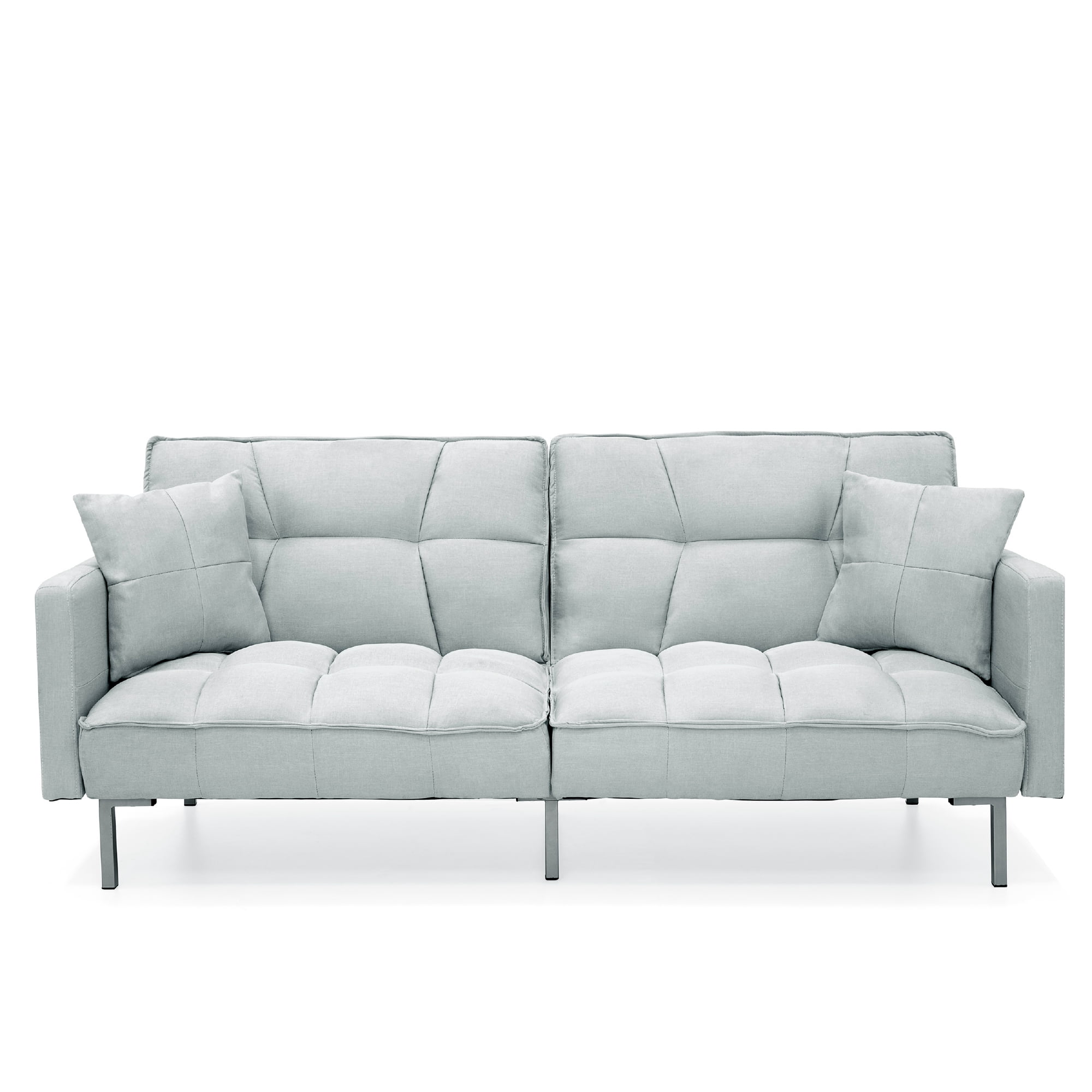 Best Choice Products Convertible Living Room Linen Fabric Tufted Split-Back Futon Sofa w/ 2 Pillows - Light Gray