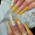 thumbnail image 5 of 24Pcs Yellow False Nails Long Coffin Flower Butterfly with Rhinestones French Design Wearable Fake Nails Press on Nails Tips, 5 of 6