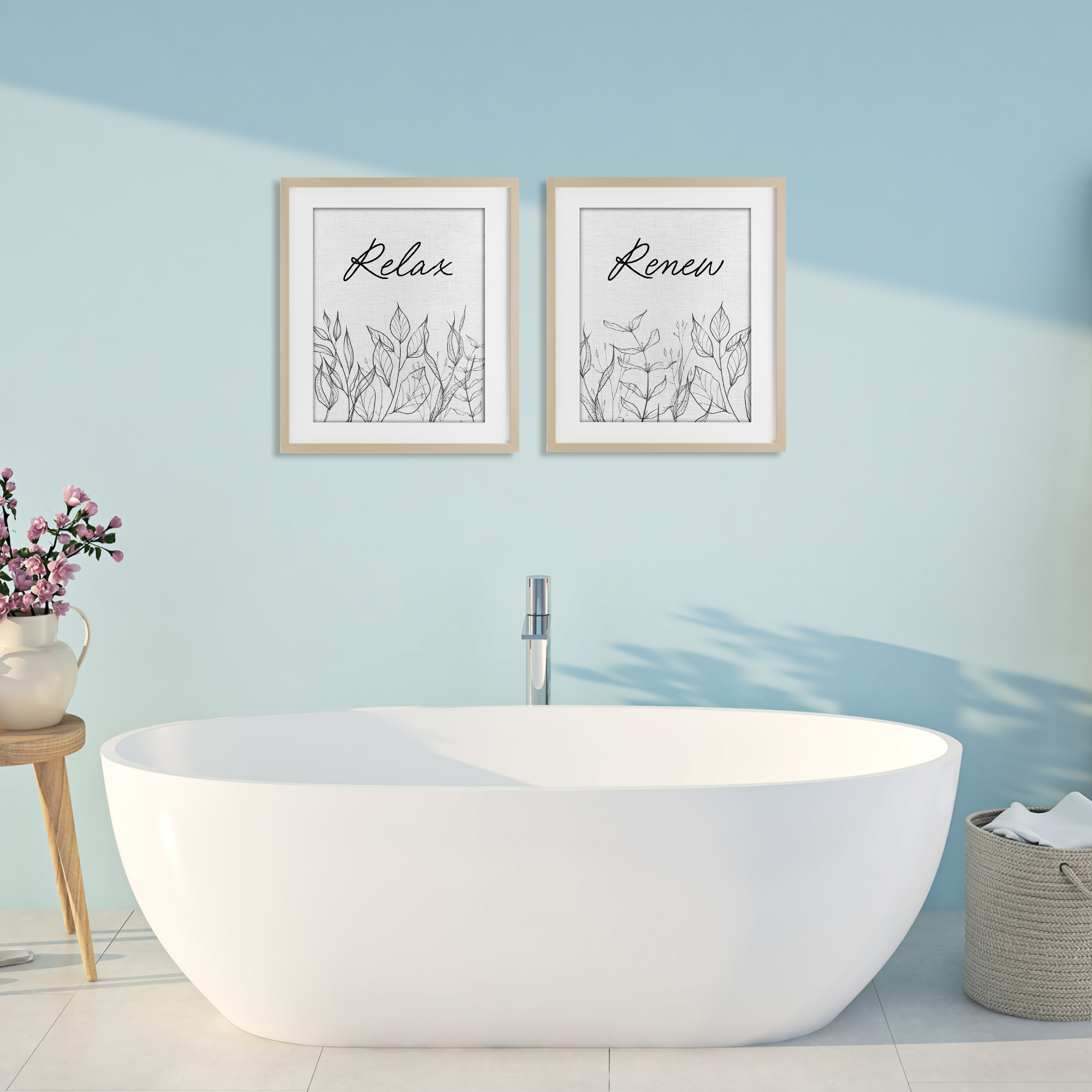 Relax and Renew Leaf Outlines 2 Piece Birch Framed Print Under Glass Set, design by Lettered and Lined