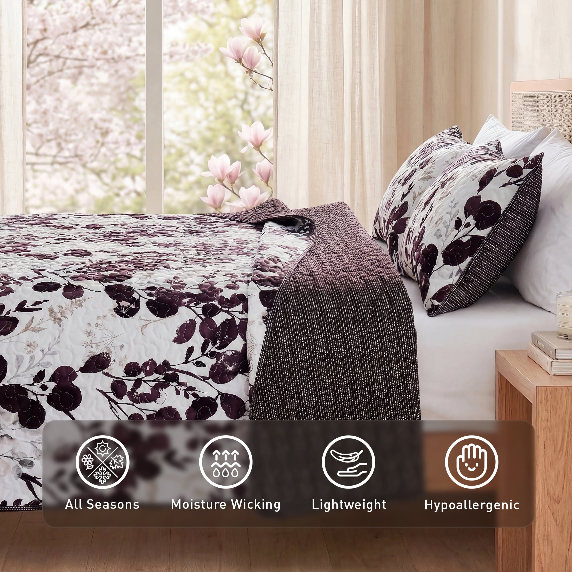 Regency Heights Full/Queen Botanical Quilt Set, 3-Piece Reversible Floral Summer Quilt Coverlet Bedding Set, Plum Quilted Bedspread with Shams for All Season