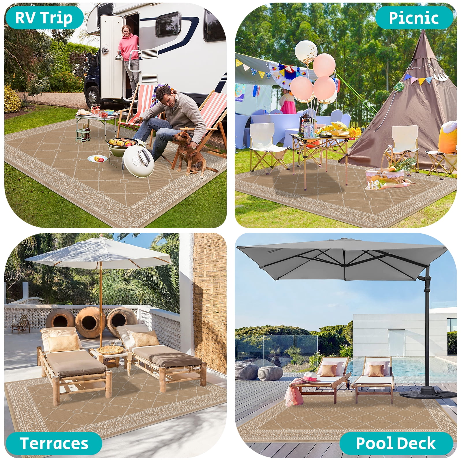 Enyhom Outdoor Rug Waterproof 9'x12', Reversible Plastic Straw Rug RV Camping Rug,Outside Carpet for Porch,Deck,Camper,Balcony,Backyard,Picnic，Beige