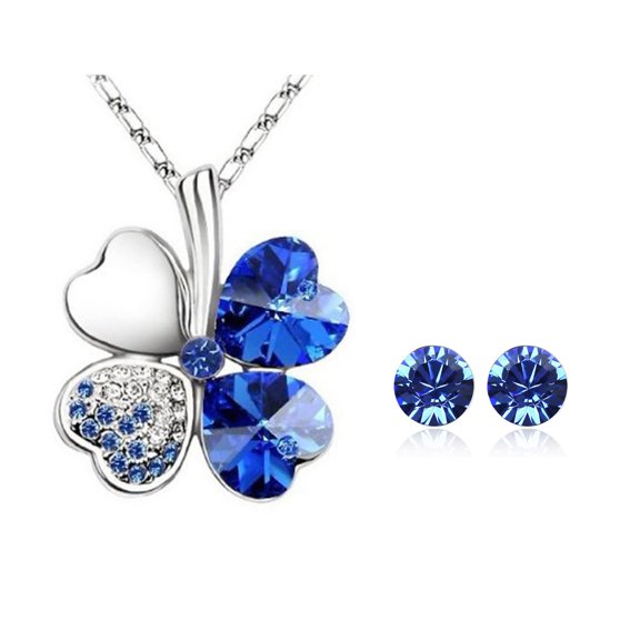 Wrapables® Gold Plated Crystal Heart Shaped Four Leaf Clover Pendant Necklace and Stud Earrings Jewelry Set, Royal Blue