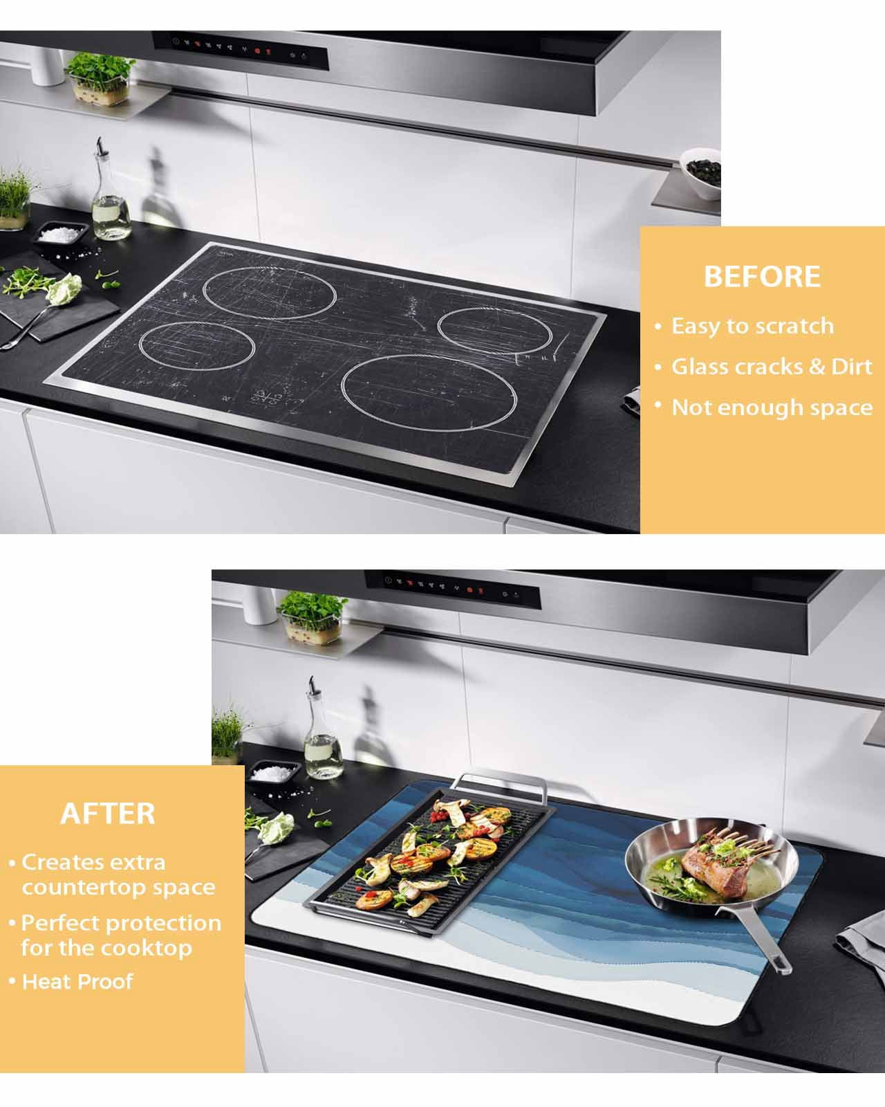 nqOlkjepod Large Induction Cooktop Protector Mat 36"x21", Navy Blue Ombre Stove Top Covers for Electric Stove, Modern Moire Gradient Watercolor Stove Burner Cover Mats, Glass Top Stove Cover