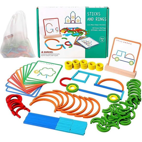 142-Piece Wooden Pattern Blocks Set with Sticks and Rings, Smart Sticks Shape Puzzles for 3-8 Year Olds,Preschool Brain Teaser Boost Creativity Imagination and Focus,Stay Away from Screens