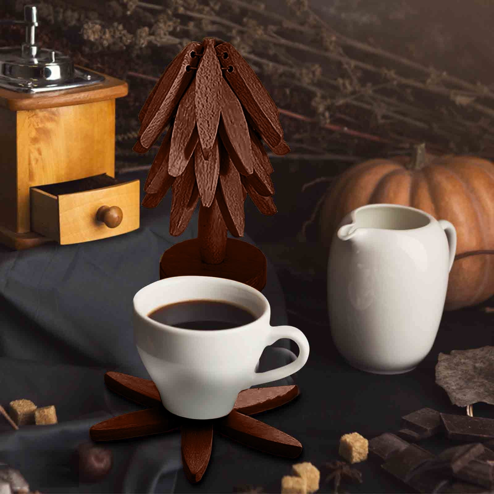 Dessous De Plat En Bois En Forme D'arbre Pour Plats Chauds, Dessous De Verre Empilables Pour Plats Chauds, Casseroles, Bol, Théière, Comprend 4 Dessous De Plat + 1 Support (marron