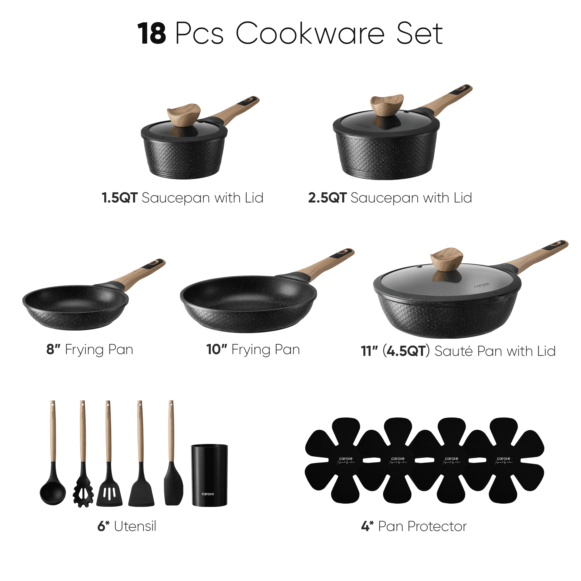 Carote 18-Piece Nonstick Pots and Pans, Granite Cookware Set with Kitchen Utensils, Black