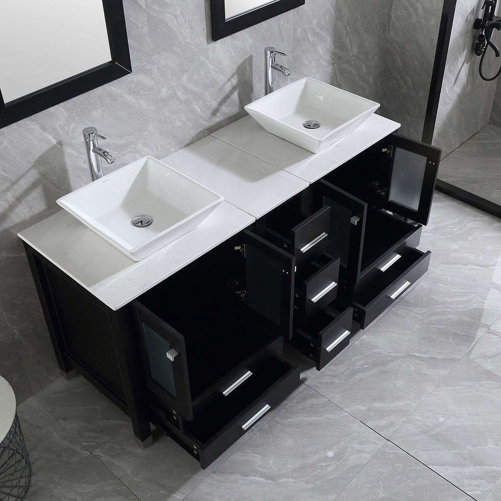 Walsport Bathroom Vanity,60" Stand Pedestal Bathroom Cabinet Top Square Ceramic Vessel Sink Faucet Drain Combo with Mirror Vanities Set,Black