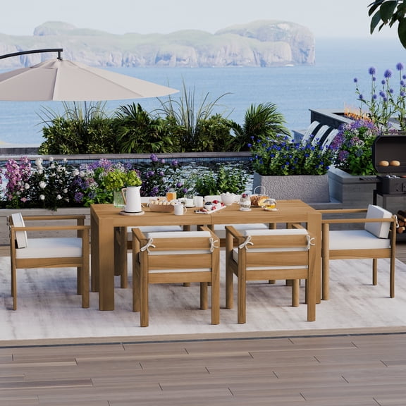 Harper & Bright Designs Wood Patio Dining Table Set for 6, Outdoor All-Weather Patio Dining Furniture with Rectangle Table and Chairs Set with Removable Cushions for Garden, Beige, Light Teak