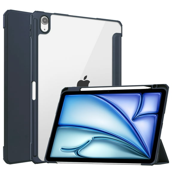 Dteck Hybrid Slim Case for iPad Air 13-inch M2 (2024), Trifold Standing ShockAirof Airtective Cover with Clear Transparent Back Shell Built-in Pencil Holder for iPad Air 13" 2024,Darkblue