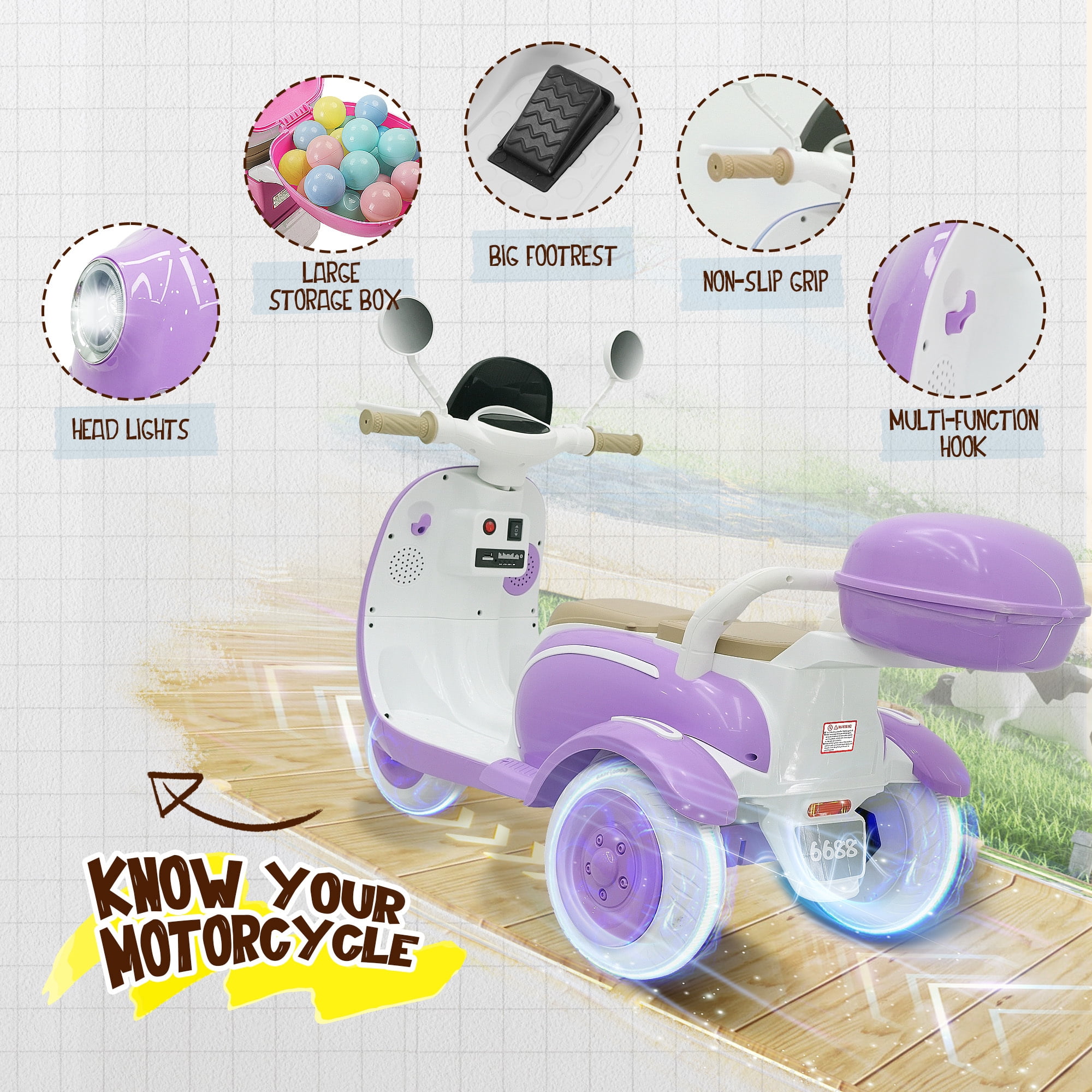Letsgokid 2 Seater Electric Motorcycle, 12V Ride On Motorcycle with USB, Music, Bluetooth, Light, Big Storage Box, Motorcycle for Kids 3+