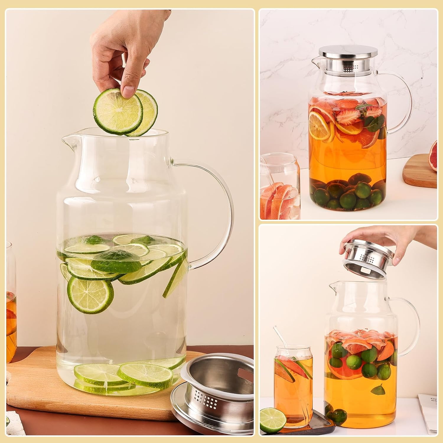 128oz Glass Pitcher with Lid,1 Gallon Glass Water Pitcher Hot/Cold Water Jug, 3.7LJuice and Iced Tea Beverage Carafe with Lid
